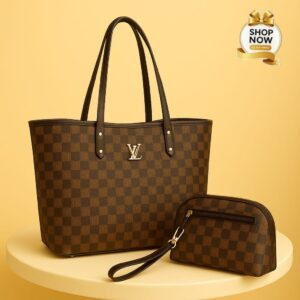 Luxury Monogram Print Tote Set With Matching Wristlet Pouch And Dual Leather Handles