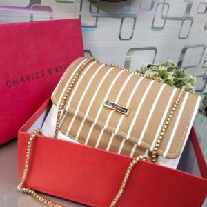 Striped Shoulder Bag with Gold Chain Detailing by Charles & Keith