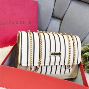 Striped Shoulder Bag with Gold Chain Detailing by Charles & Keith