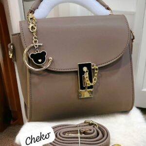 Elegant Top-Handle Satchel with Gold Lock and Bear Charm Accent