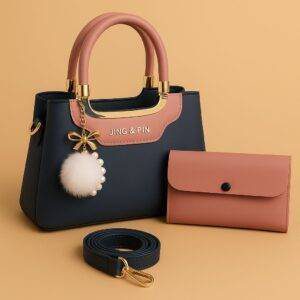Elegant Jing & Pin Handbag Set with Decorative Keychain & Pouch