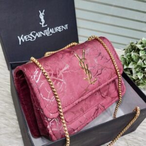YSL Velvet Finish Shoulder Bag with Metallic Chain Strap & Embossed Detailing