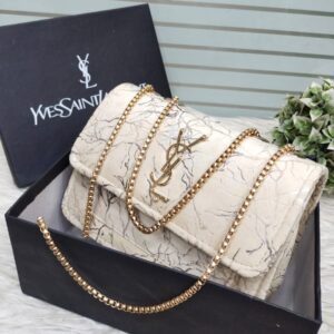 YSL Velvet Finish Shoulder Bag with Metallic Chain Strap & Embossed Detailing