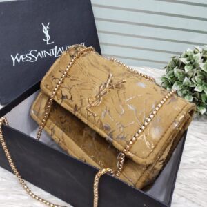 YSL Velvet Finish Shoulder Bag with Metallic Chain Strap & Embossed Detailing