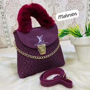 LV Quilted Handbag with Fur Handle and Gold Chain Accent