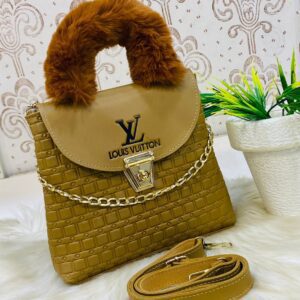 LV Quilted Handbag with Fur Handle and Gold Chain Accent