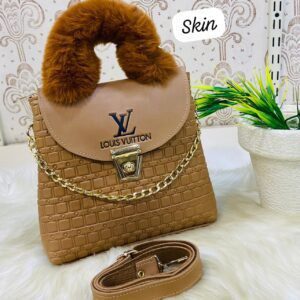 LV Quilted Handbag with Fur Handle and Gold Chain Accent