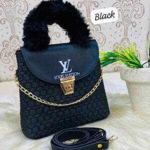 LV Quilted Handbag with Fur Handle and Gold Chain Accent