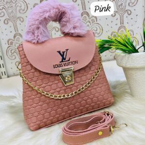 LV Quilted Handbag with Fur Handle and Gold Chain Accent