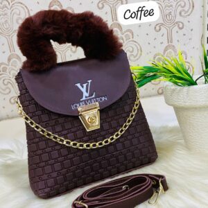 LV Quilted Handbag with Fur Handle and Gold Chain Accent