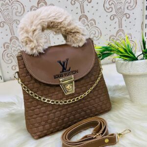 LV Quilted Handbag with Fur Handle and Gold Chain Accent