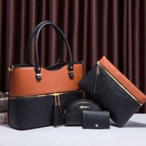 Trendy 4-Piece Handbag Set with Tassel Detail and Gold Zippers