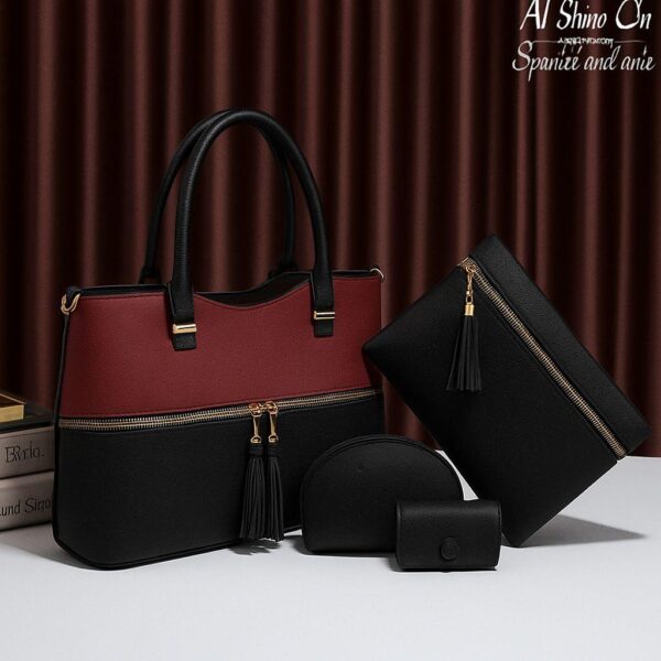 Trendy 4-Piece Handbag Set with Tassel Detail and Gold Zippers