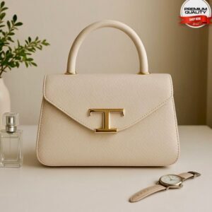 Elegant Shoulder Bag with Top Handle and Signature T Clasp