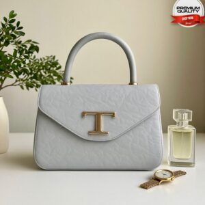 Elegant Shoulder Bag with Top Handle and Signature T Clasp