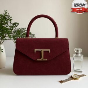 Elegant Shoulder Bag with Top Handle and Signature T Clasp