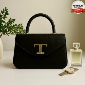 Elegant Shoulder Bag with Top Handle and Signature T Clasp