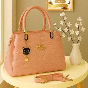 Geometric Pattern Handbag with Cat Charm & Adjustable Strap – Coach Inspired