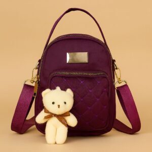 Trendy Mini Backpack for Women with Quilted Front Pocket and Teddy Bear Keychain