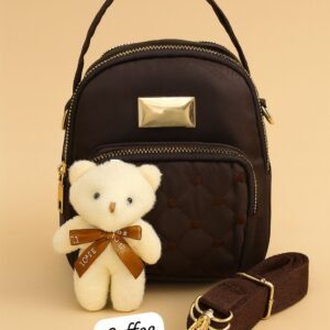 Trendy Mini Backpack for Women with Quilted Front Pocket and Teddy Bear Keychain