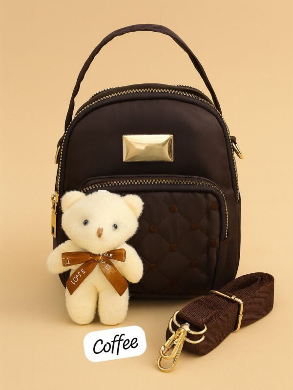 Trendy Mini Backpack for Women with Quilted Front Pocket and Teddy Bear Keychain