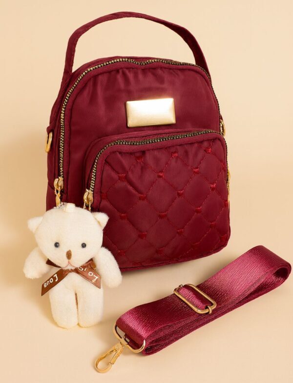 Trendy Mini Backpack for Women with Quilted Front Pocket and Teddy Bear Keychain