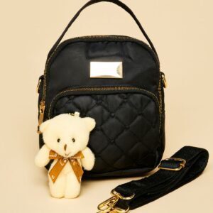Trendy Mini Backpack for Women with Quilted Front Pocket and Teddy Bear Keychain