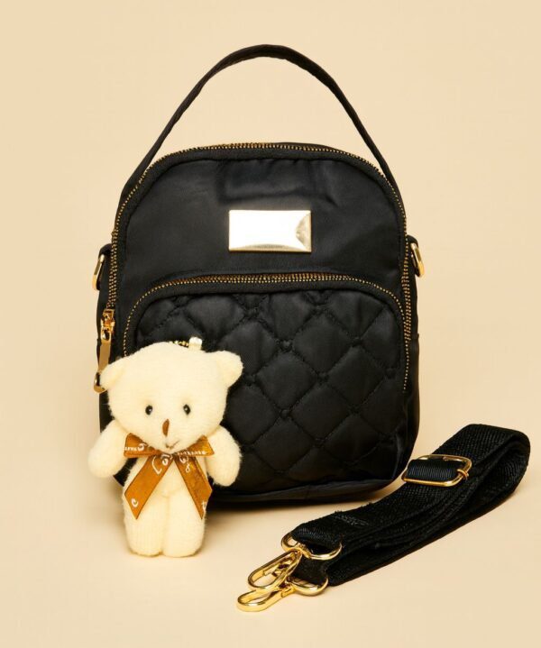 Trendy Mini Backpack for Women with Quilted Front Pocket and Teddy Bear Keychain