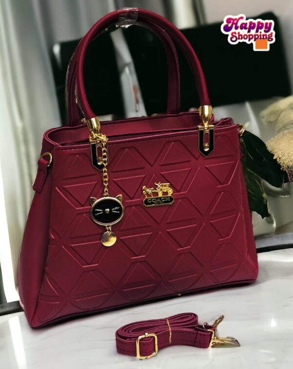 Geometric Pattern Handbag with Cat Charm & Adjustable Strap – Coach Inspired