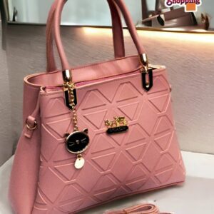 Geometric Pattern Handbag with Cat Charm & Adjustable Strap – Coach Inspired