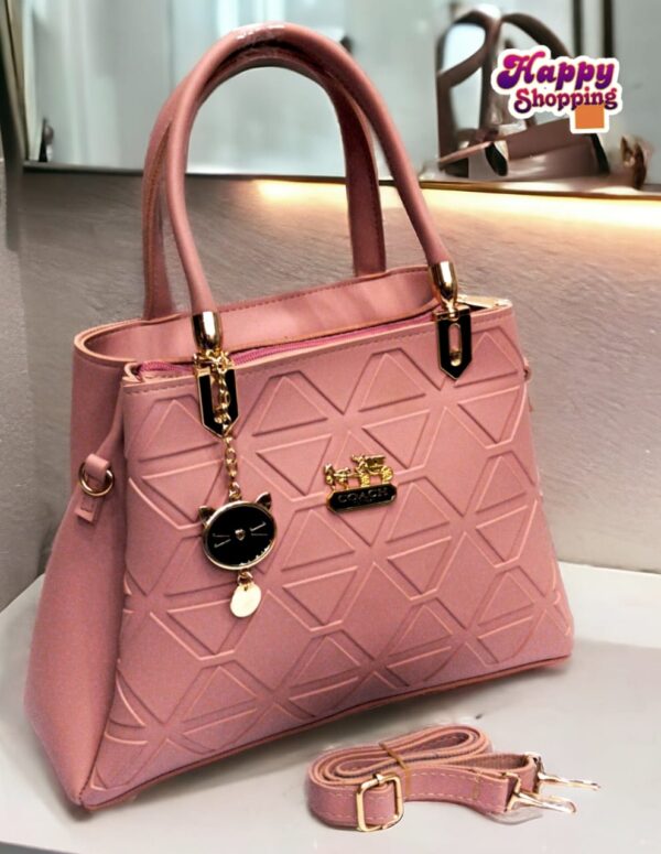 Geometric Pattern Handbag with Cat Charm & Adjustable Strap – Coach Inspired