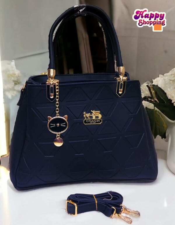 Geometric Pattern Handbag with Cat Charm & Adjustable Strap – Coach Inspired