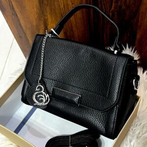 Elegant Textured Leather Handbag With Chain Charm Accent