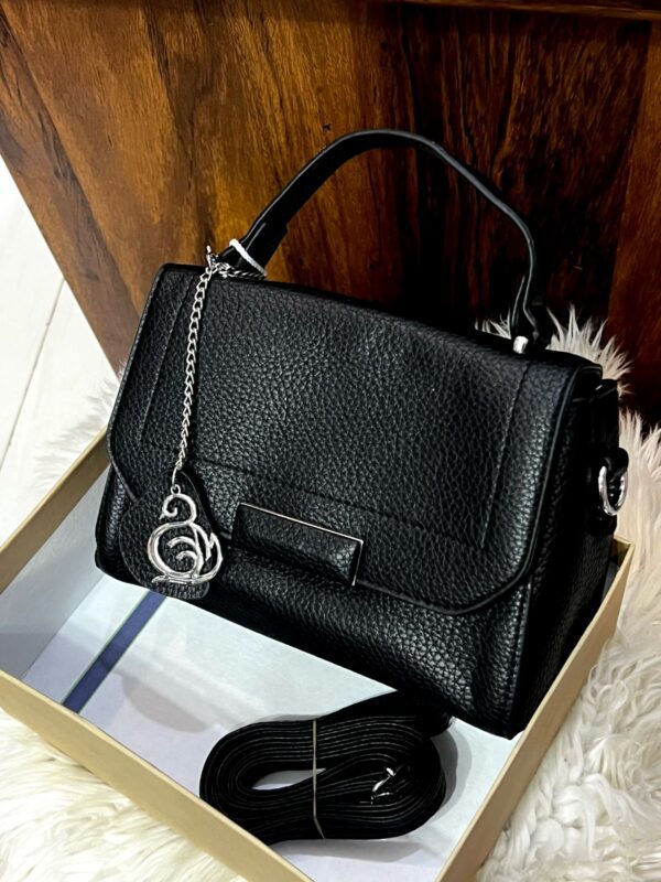 Elegant Textured Leather Handbag With Chain Charm Accent