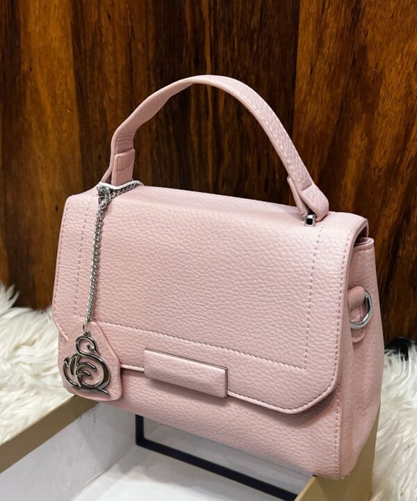 Elegant Textured Leather Handbag With Chain Charm Accent