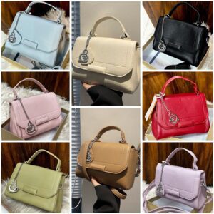Elegant Textured Leather Handbag With Chain Charm Accent