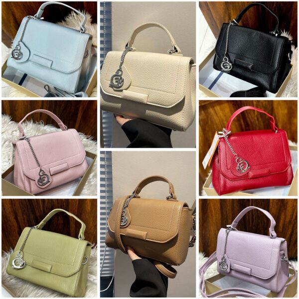 Elegant Textured Leather Handbag With Chain Charm Accent
