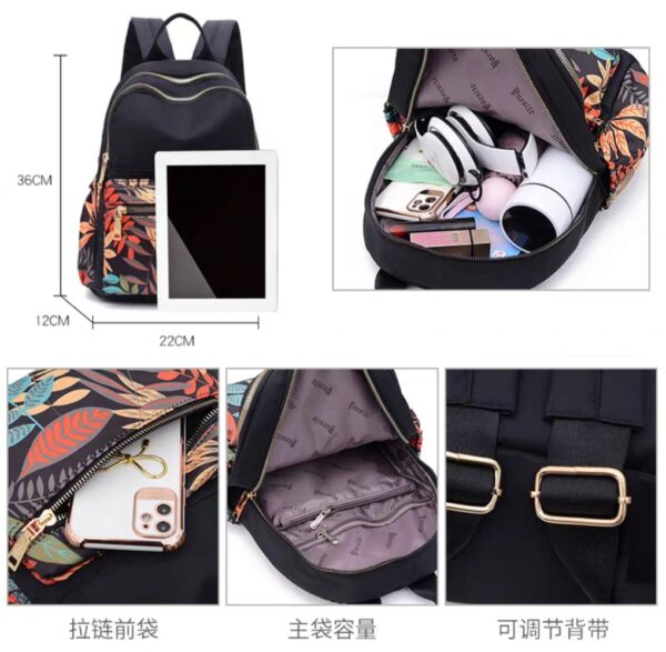 Modern Leaf-Patterned Backpack with Dual Zippers and Front Pocket