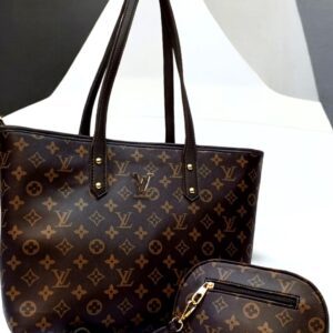 Luxury Monogram Print Tote Set With Matching Wristlet Pouch And Dual Leather Handles