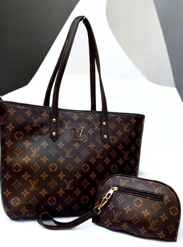 Luxury Monogram Print Tote Set With Matching Wristlet Pouch And Dual Leather Handles