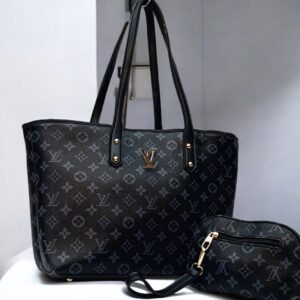 Luxury Monogram Print Tote Set With Matching Wristlet Pouch And Dual Leather Handles