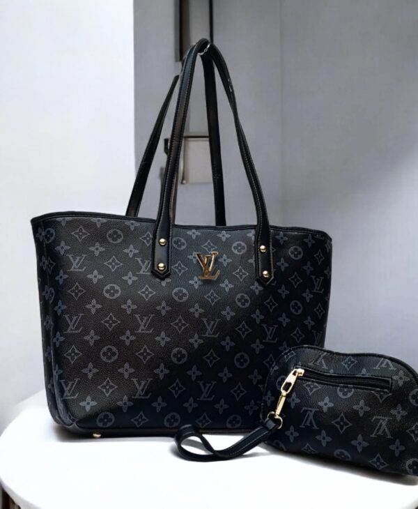 Luxury Monogram Print Tote Set With Matching Wristlet Pouch And Dual Leather Handles