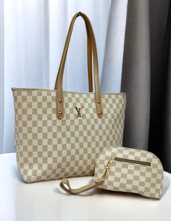 Luxury Monogram Print Tote Set With Matching Wristlet Pouch And Dual Leather Handles