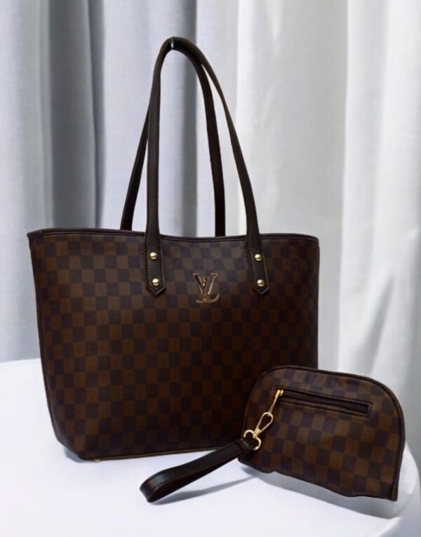 Luxury Monogram Print Tote Set With Matching Wristlet Pouch And Dual Leather Handles