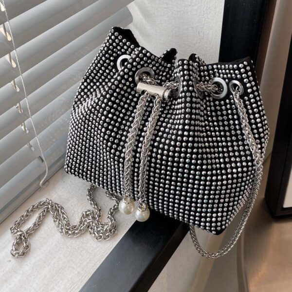 Luxury Rhinestone Drawstring Bucket Bag With Chain Strap