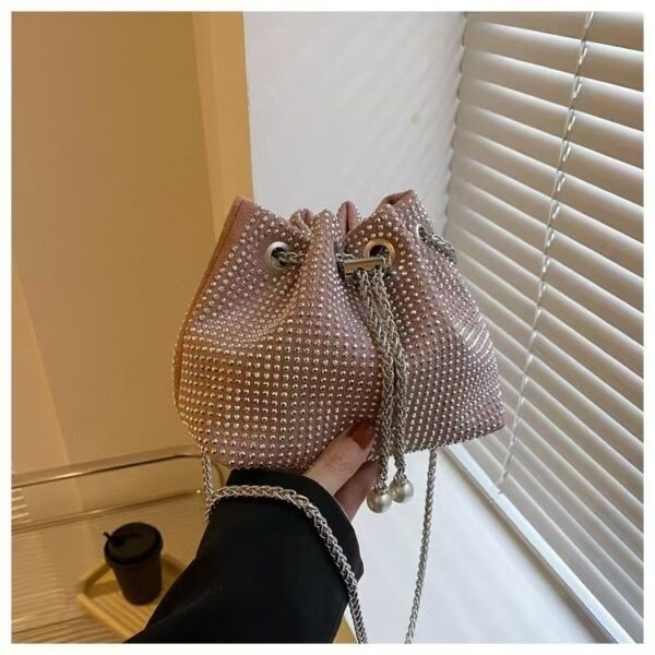 Luxury Rhinestone Drawstring Bucket Bag With Chain Strap