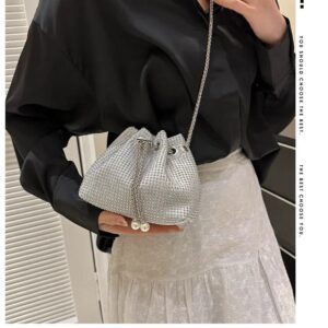 Luxury Rhinestone Drawstring Bucket Bag With Chain Strap