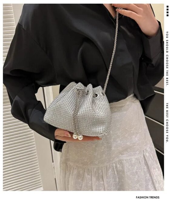 Luxury Rhinestone Drawstring Bucket Bag With Chain Strap
