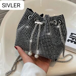 Luxury Rhinestone Drawstring Bucket Bag With Chain Strap
