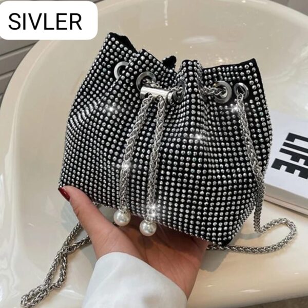 Luxury Rhinestone Drawstring Bucket Bag With Chain Strap